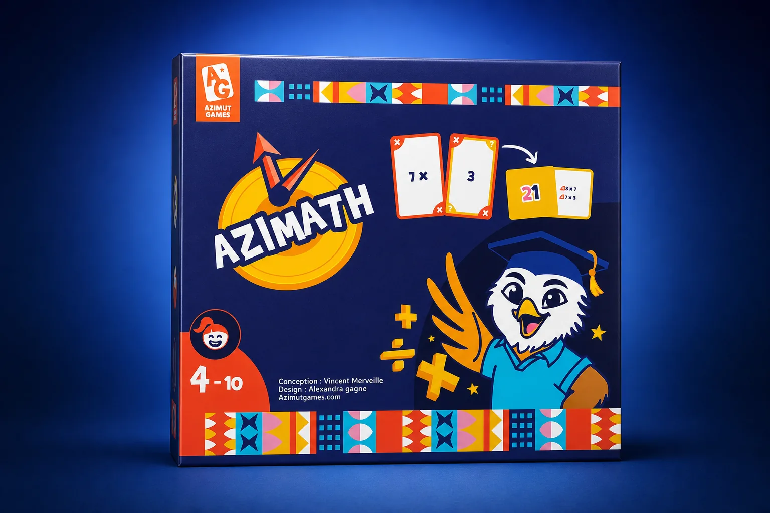 La boîte du jeu Azimath de trois quarts : la mascotte Azi en tenue de diplômé, une multiplication 7 × 3 et sa carte de vérification, mention 4-10 ans
